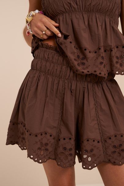 Brown poplin skort with embroidery