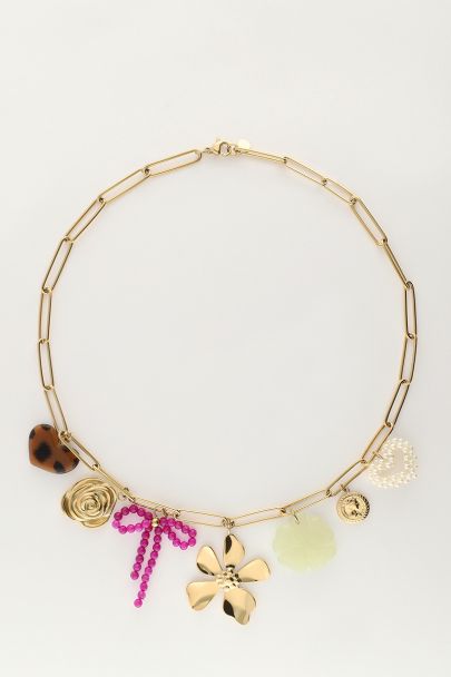 Bedel ketting met schakel en multikleur bloemen bedels