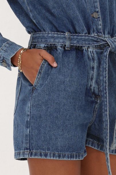 Donkerblauwe denim playsuit met ceintuur