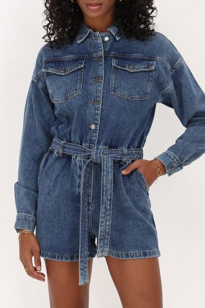 Donkerblauwe denim playsuit met ceintuur