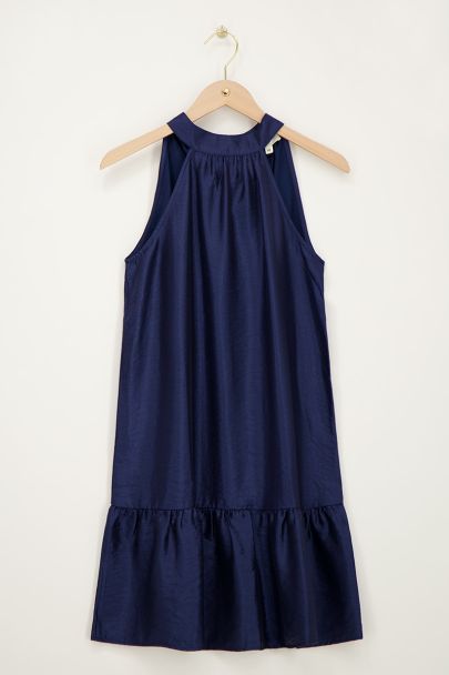 Donkerblauwe halter jurk in satijnen look