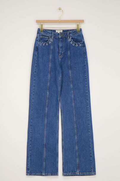 Donkerblauwe wide leg jeans met eyelets