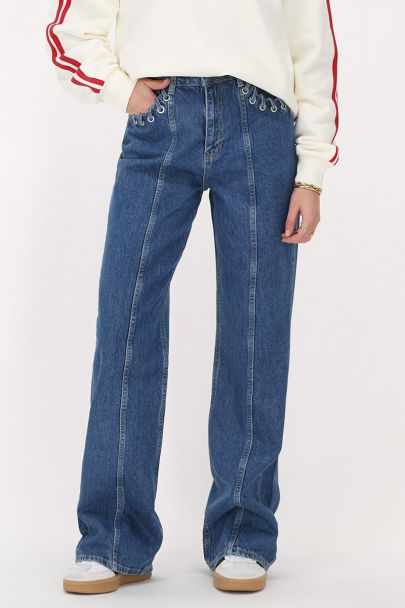 Dark blue wide leg jeans with eyelets