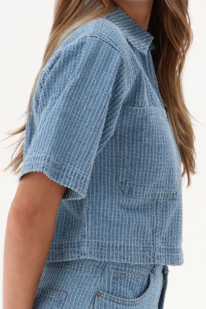 Denim bouclé top met v-hals