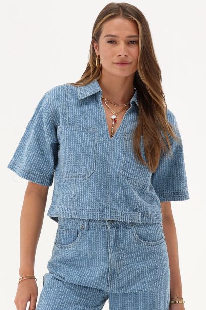 Denim bouclé top met v-hals