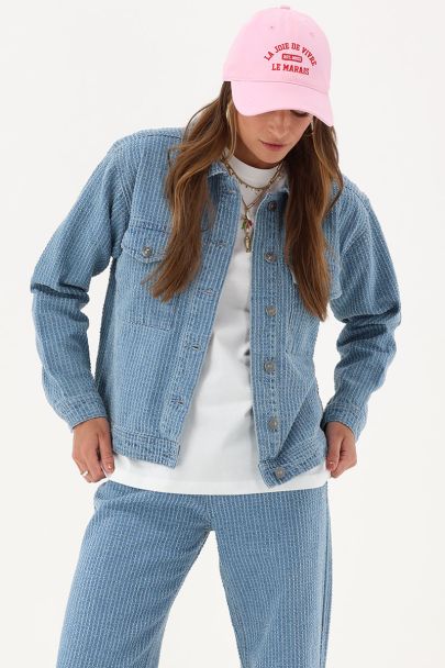 Lichtblauwe bouclé denim jas