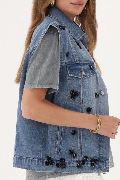 Blauw denim gilet met bloemen pailletten