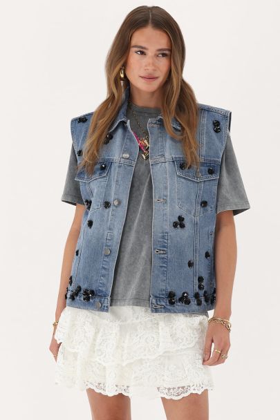 Blauw denim gilet met bloemen pailletten