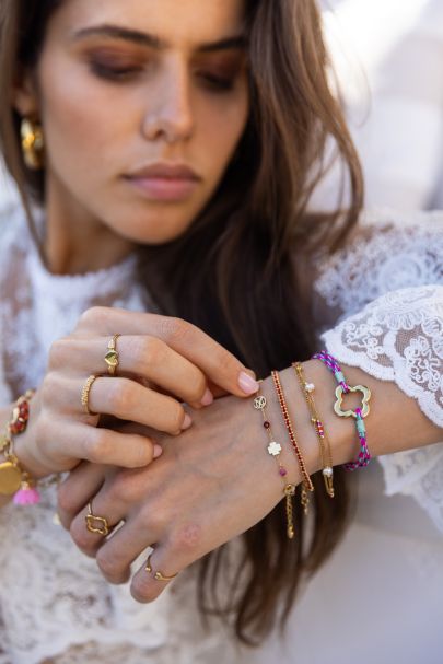 Sunrocks driedubbele armband met roze kralen & zoetwaterparels