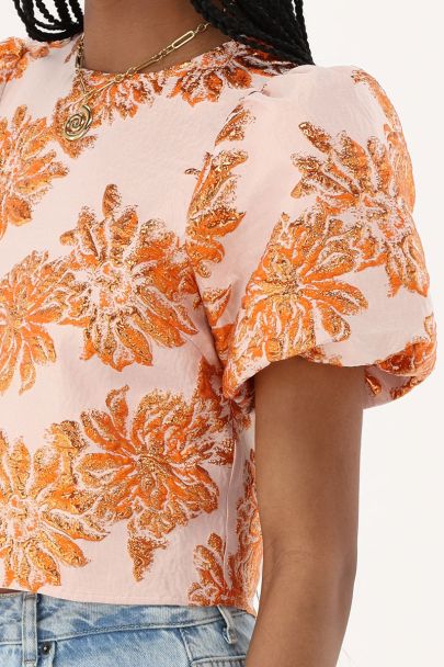 Oranje jacquard top met bloemen details