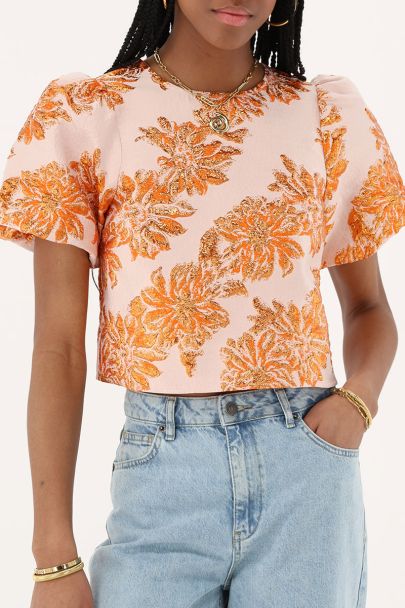 Oranje jacquard top met bloemen details