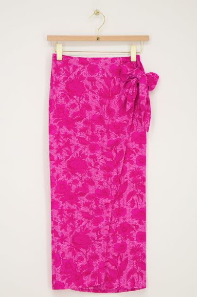 Roze midi rok met overslag en bloemenprint