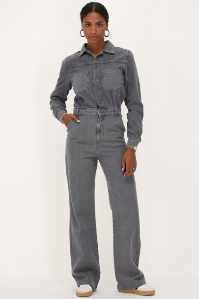 Grey denim jumpsuit with long sleeves