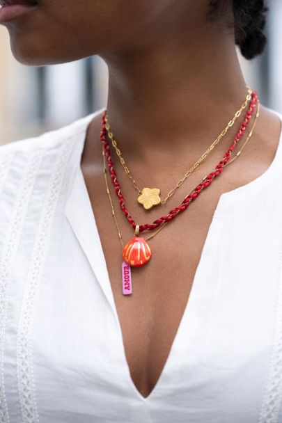 Art rode gevlochten koord ketting met schelp