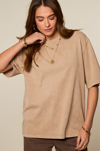 Beige basic T-shirt met acid wash