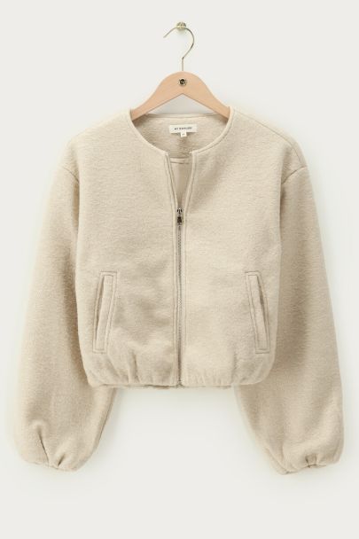 Beige bouclé bomber teddy jacket