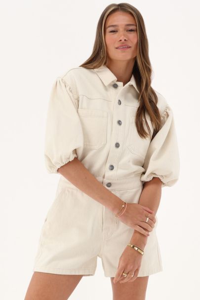 Beige denim playsuit met pofmouwen