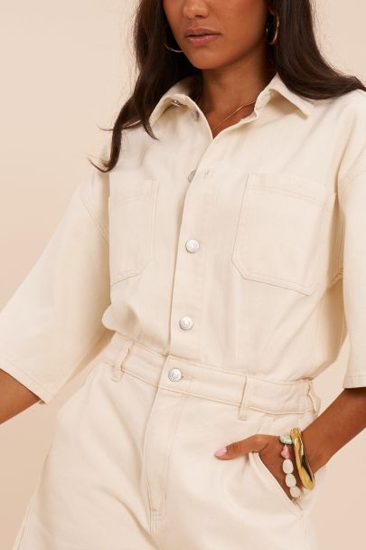Beige denim playsuit met wijde mouwen