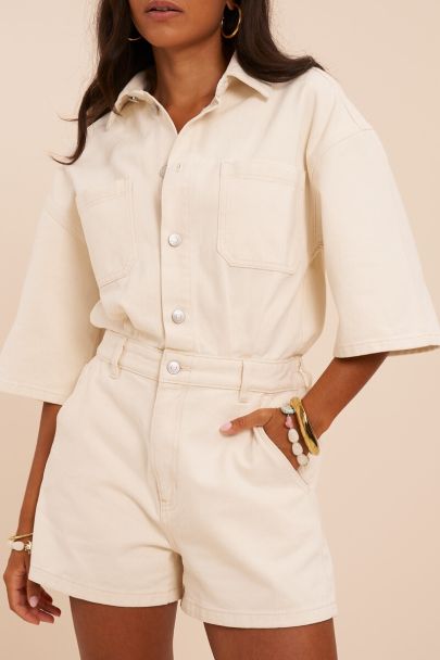 Beige denim playsuit met wijde mouwen