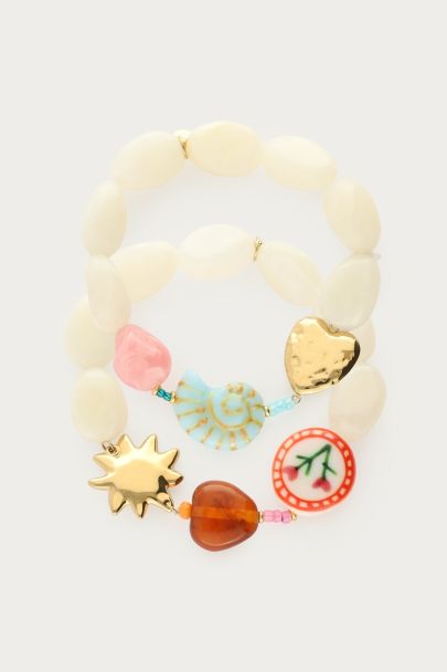 Beige elastieken kralen armbanden set