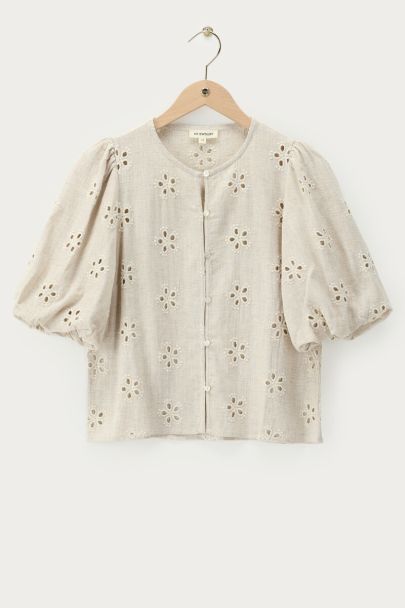 Beige embroidery anglaise top with short puff sleeves