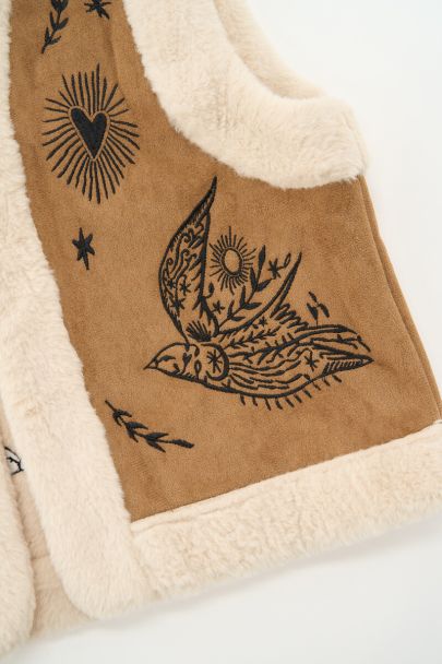 Beige gilet with embroidery in suede look