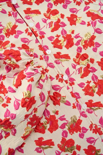Top en jacquard floral beige à manches longues
