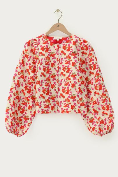 Top en jacquard floral beige à manches longues