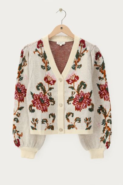 Beigefarbene Jacquard-Strickjacke mit Blumenknöpfen