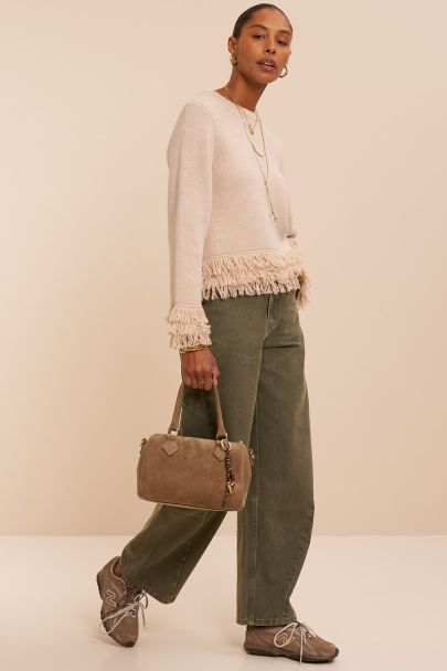 Beige gebreide trui met franjes