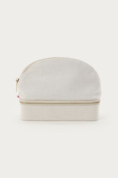 Beige linen-look jewellery and toiletry bag