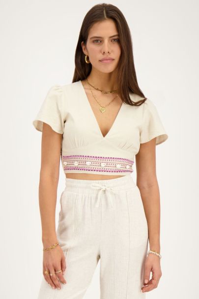 Beige linnen look top met schelpjes 