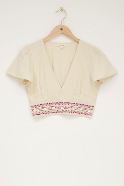 Beige linnen look top met schelpjes 