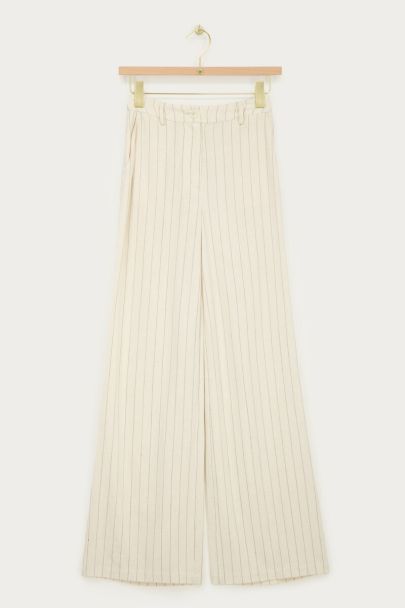 Beige linnen look broek met krijtstrepen