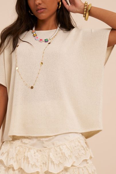 Top basique oversize beige &agrave; manches courtes