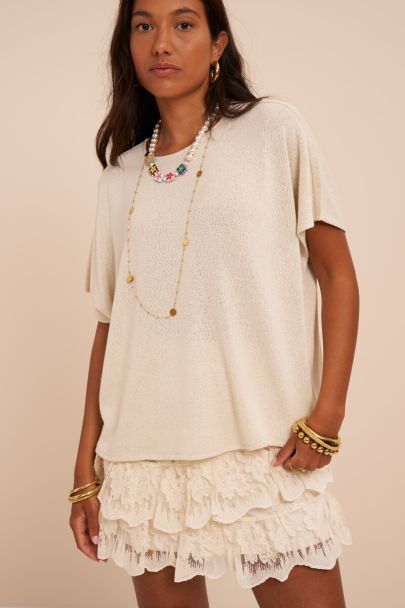 Top basique oversize beige &agrave; manches courtes