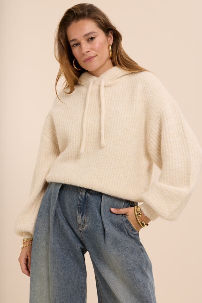 Beige oversized knitted sweater with hood