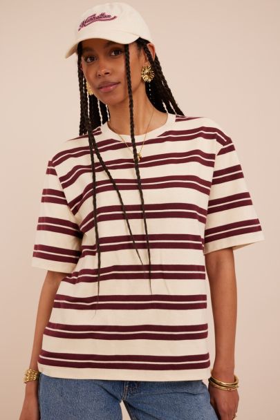 T-shirt oversize beige &agrave; rayures