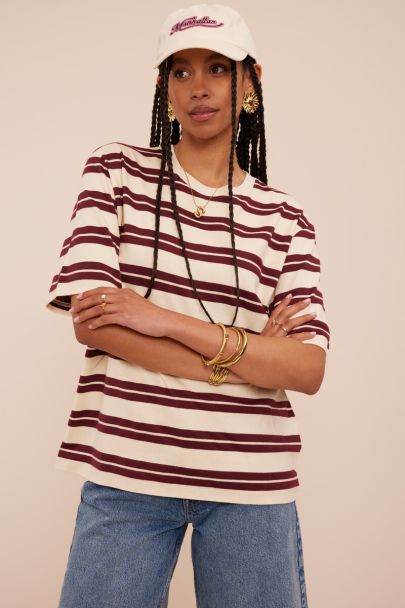 T-shirt oversize beige &agrave; rayures