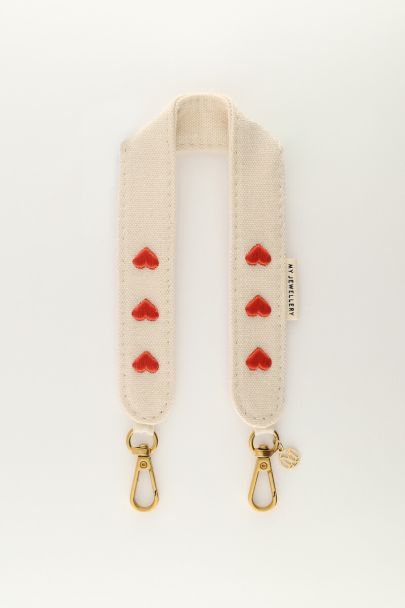 Beige phone lanyard with red hearts | My Jewellery