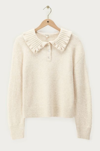 Beigefarbener Polo-Pullover mit Rüschenkragen