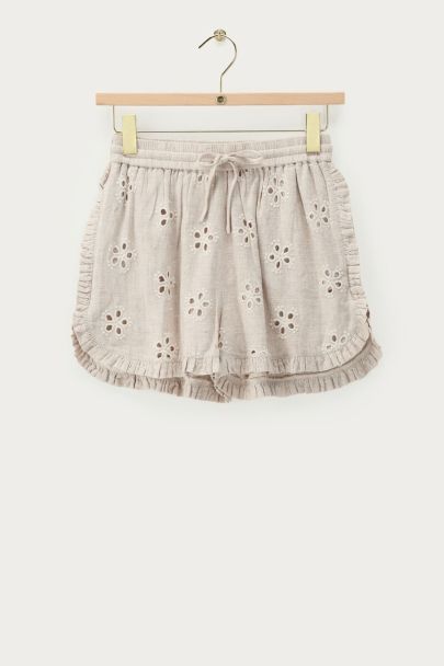 Beige shorts with elasticated waistband and embroidery