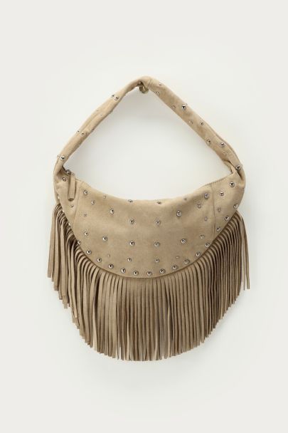 Beigefarbene Umhängetasche mit Fransen und Nieten