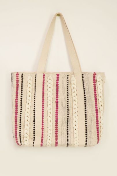 Beige shopper met multikleur strepen & gevlochten details