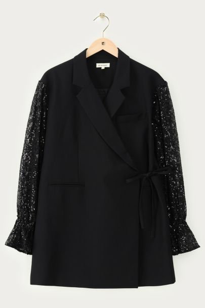 Black blazer dress with lace puff sleeves