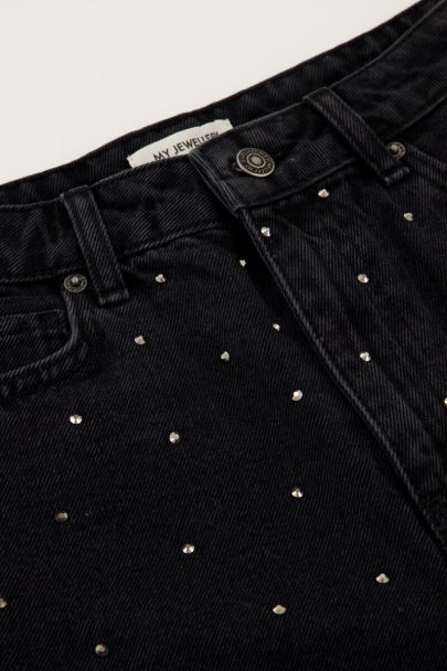 Schwarzer Denim-Midirock mit Strasssteinen