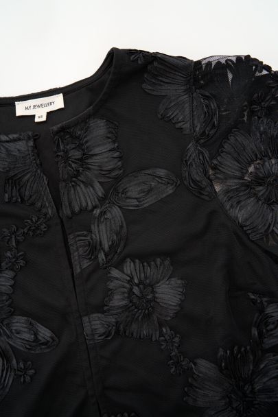 Schwarzes Mesh-Oberteil mit Blumen und Manschette