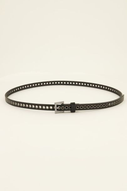 Zwarte smalle riem met zilverkleurige studs & details
