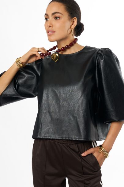 Zwarte PU top met korte mouwen