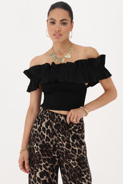 Zwarte gesmokte top met ruffles